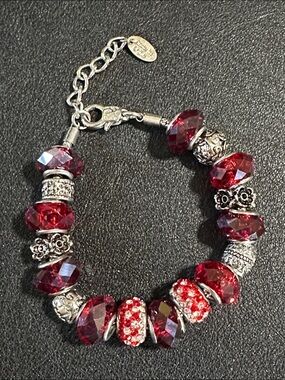 Charmed Links Red Faceted Crystal Silver Tone Snake Chain Charm Bracelet
